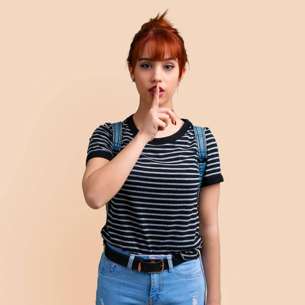 Joven Estudiante Pelirroja Mostrando Signo Cierre Boca Gesto Silencio Sobre — Foto de Stock