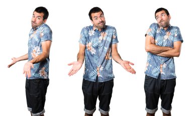 Yakışıklı adam önemsiz jest yapma çiçek forması ile ayarla