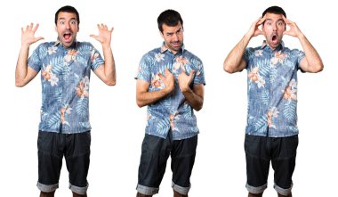 Yakışıklı adam sürpriz jest yapma çiçek forması ile ayarla