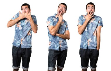 Yakışıklı adam sürpriz jest yapma çiçek forması ile ayarla