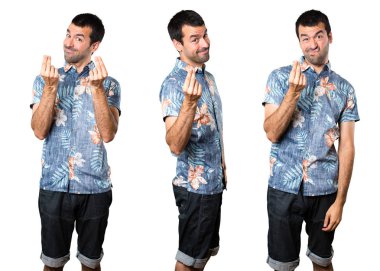 Yakışıklı adam para jest yapma çiçek forması ile ayarla