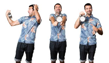 Vintage saat tutan çiçek forması ile yakışıklı adam kümesi