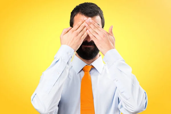 Funny Man Glasses Covering His Eyes Colorful Background — Stock Photo, Image