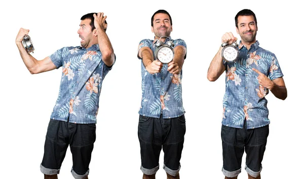 Vintage saat tutan çiçek forması ile yakışıklı adam kümesi