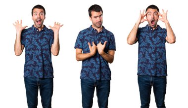 Esmer adam sürpriz jest yapma kümesi