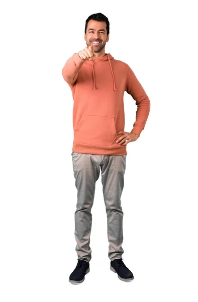 Full Body Man Uma Camisola Rosa Aponta Dedo Para Você — Fotografia de Stock