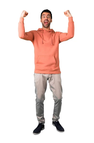 Full Body Man Pink Sweatshirt Celebrating Victory Happy Having Won — Stock Photo, Image