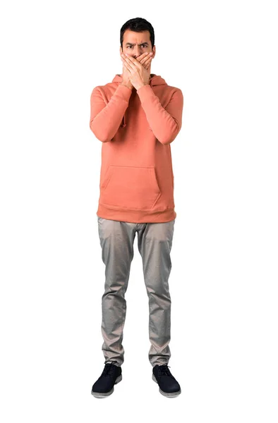 Full Body Man Pink Sweatshirt Covering Mouth Both Hands Saying — Stock Photo, Image