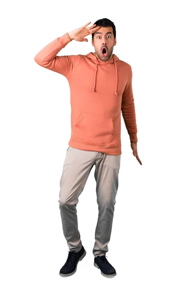 Full Body Man Pink Sweatshirt Surprise Shocked Facial Expression Gaping — Stock Photo, Image