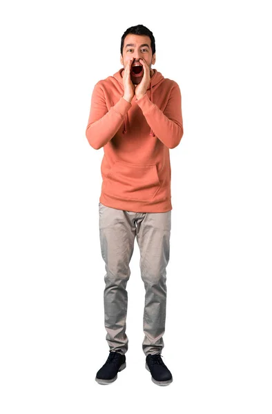 Ganzkörper Eines Mannes Einem Rosa Sweatshirt Der Mit Weit Geöffnetem — Stockfoto