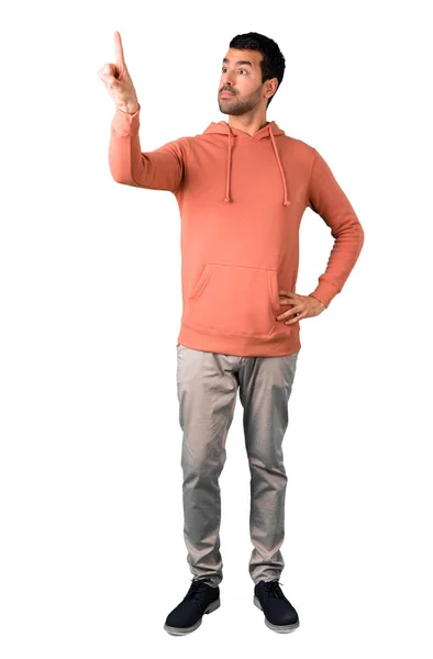 Corpo Inteiro Homem Uma Camisola Rosa Tocando Tela Transparente Fundo — Fotografia de Stock