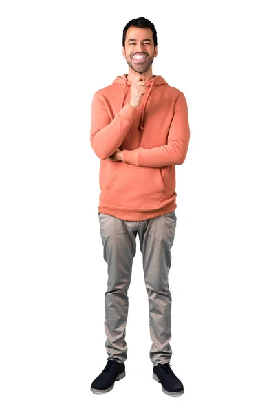 Corpo Inteiro Homem Uma Camisola Rosa Pegando Uma Lupa Mostrando — Fotografia de Stock