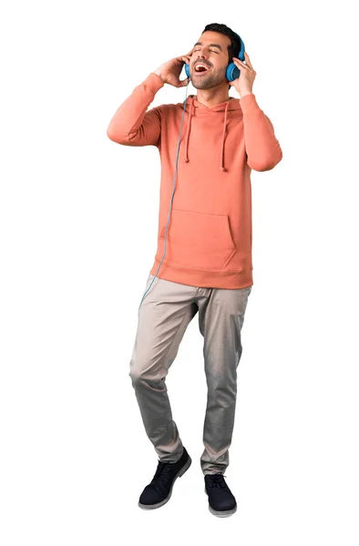 Full Body Man Pink Sweatshirt Listening Favorite Song Headphones Dancing — Stock Photo, Image