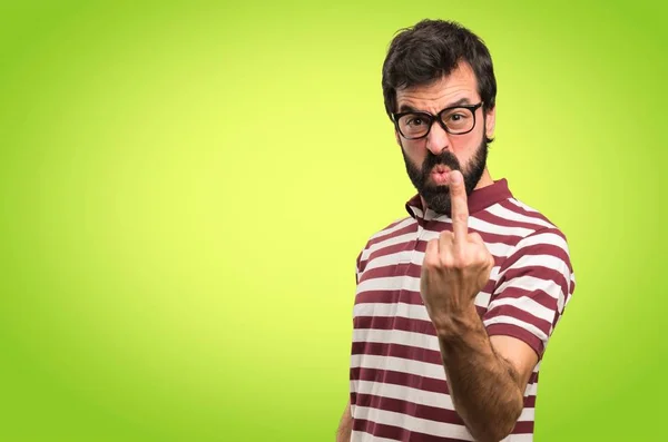 Hombre Con Gafas Haciendo Gesto Cuerno Sobre Fondo Colorido — Foto de Stock