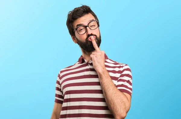 Homem Com Óculos Fazendo Gesto Chifre Fundo Colorido — Fotografia de Stock
