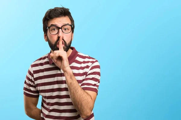 Hombre Con Gafas Haciendo Gesto Silencio Sobre Fondo Colorido —  Fotos de Stock