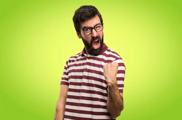 Homme Chanceux Avec Des Lunettes Sur Fond Coloré — Photo