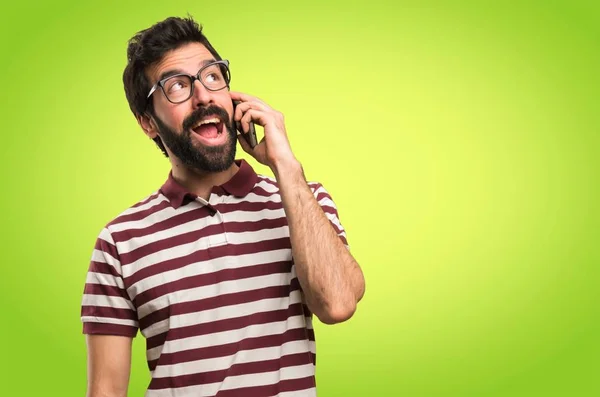 Man Glasses Talking Mobile Colorful Background — Stock Photo, Image