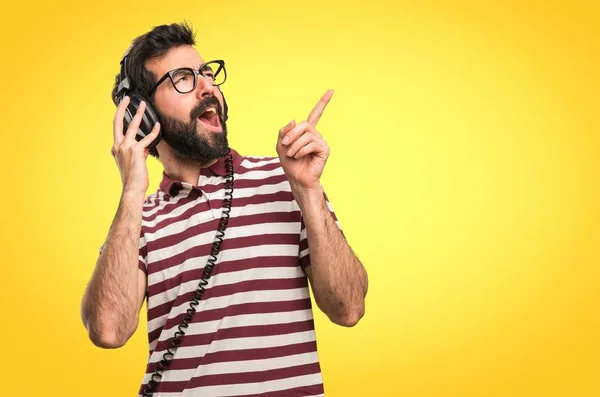 Man Glasses Listening Music Colorful Background — Stock Photo, Image