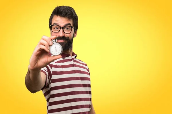 Man Glasses Holding Vintage Chronometer Colorful Background — Stock Photo, Image