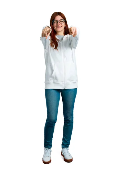 Young Redhead Girl Urban White Sweatshirt Glasses Pointing Finger Someone — Stock Photo, Image