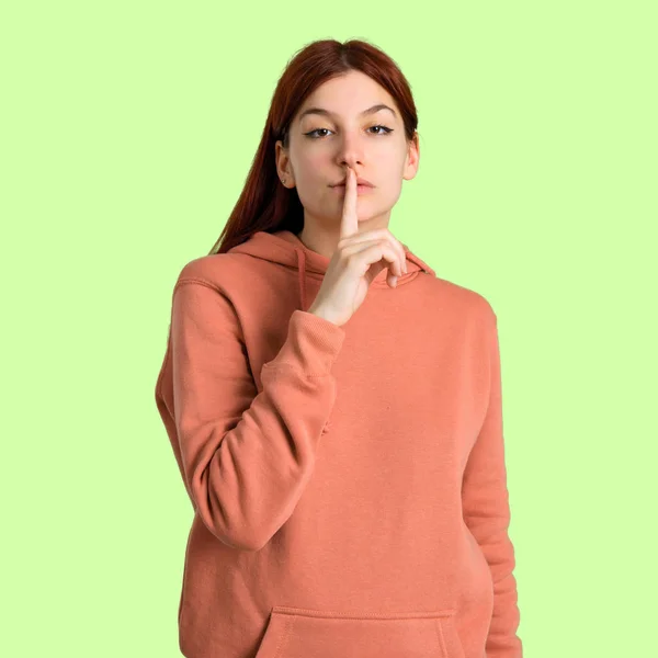 Young Redhead Girl Pink Sweatshirt Showing Sign Closing Mouth Silence — Stock Photo, Image