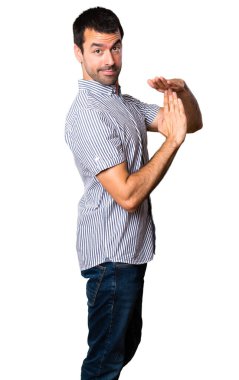 Yakışıklı adam zaman aşımı jest yapma beyaz arka plan izole