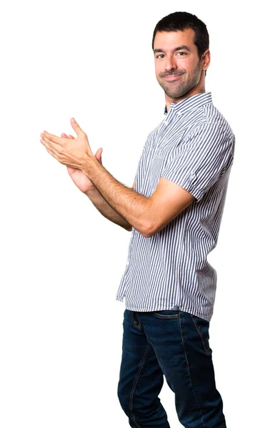 Hombre Guapo Aplaudiendo Sobre Fondo Blanco Aislado — Foto de Stock