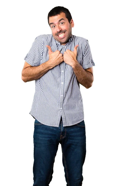 Bonito Homem Com Polegar Para Cima Fundo Branco Isolado — Fotografia de Stock