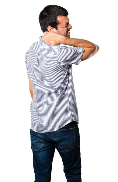 Schöner Mann Mit Nackenschmerzen Auf Isoliertem Weißem Hintergrund — Stockfoto