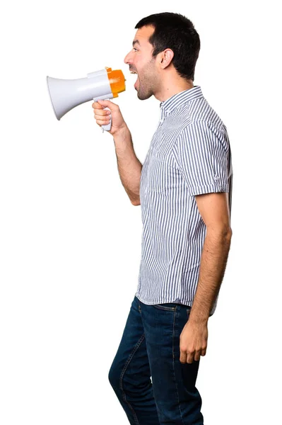 Hombre Guapo Sosteniendo Megáfono Sobre Fondo Blanco Aislado —  Fotos de Stock