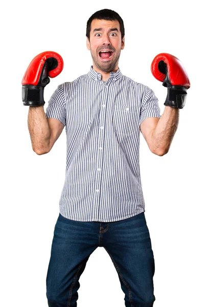 Hombre Guapo Feliz Con Guantes Boxeo Sobre Fondo Blanco Aislado —  Fotos de Stock