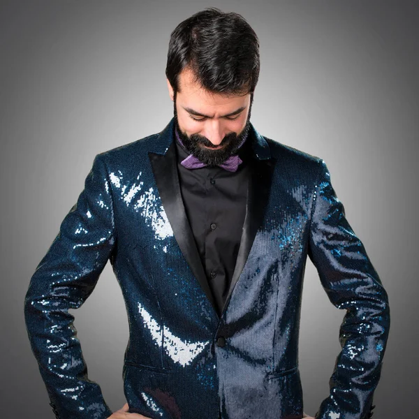 Handsome Man Sequin Jacket Looking Grey Background — Stock Photo, Image