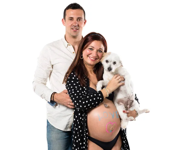 Mulher Grávida Com Seu Marido Seu Cão — Fotografia de Stock