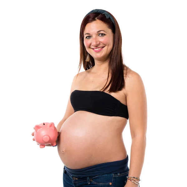 Mulher Grávida Segurando Mealheiro — Fotografia de Stock