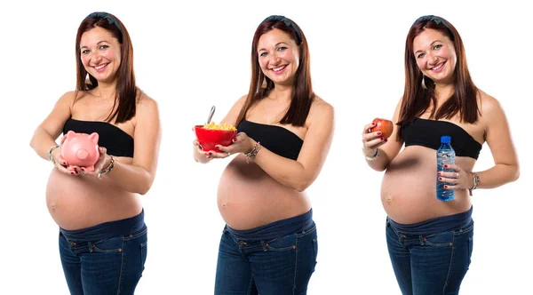Kobieta Ciąży Trzymając Miskę Płatków Śniadaniowych Skarbonka Apple — Zdjęcie stockowe