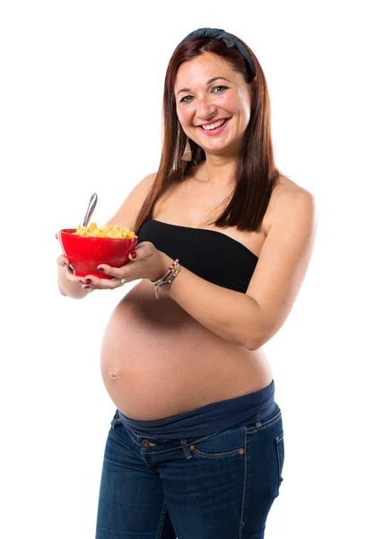 Mulher Grávida Segurando Uma Tigela Cereais — Fotografia de Stock