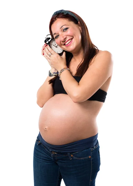 Mulher Grávida Segurando Relógio Vintage — Fotografia de Stock