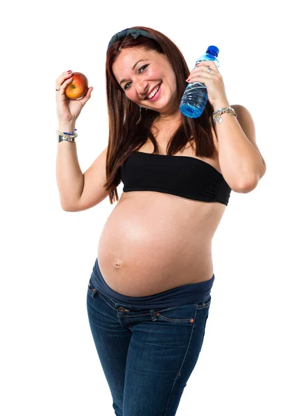 Femme Enceinte Avec Une Pomme Une Bouteille Eau — Photo