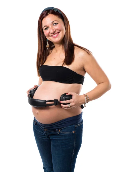 Femme Enceinte Avec Casque Écoute — Photo