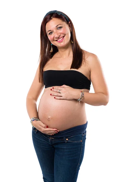 Gravid Kvinna Med Väger Maskinen — Stockfoto