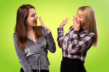 İki arkadaş sürpriz yapma jest renkli arka plan üzerinde