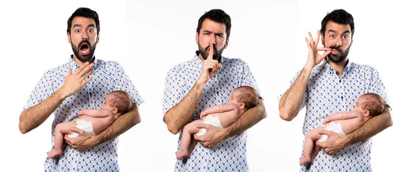 Jeune Père Avec Son Nouveau Faisant Geste Silence — Photo