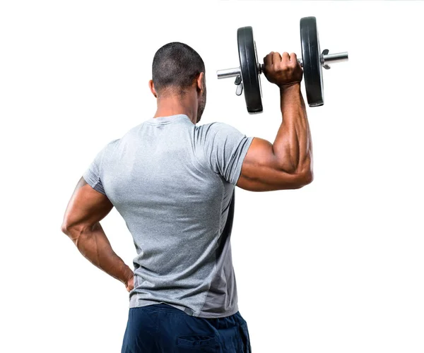 Hombre Deportivo Guapo Fuerte Haciendo Levantamiento Pesas Sobre Fondo Blanco — Foto de Stock