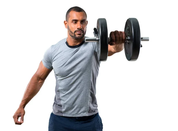 Forte Homem Bonito Esporte Fazendo Levantamento Peso Exercitar Ombros Fundo — Fotografia de Stock