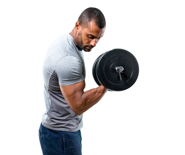 Forte Homem Bonito Esporte Fazendo Levantamento Peso Fundo Branco Isolado — Fotografia de Stock