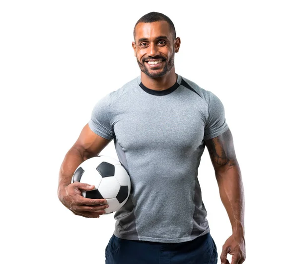 Forte Jogador Futebol Com Bola Futebol Sorrindo Fundo Branco Isolado — Fotografia de Stock