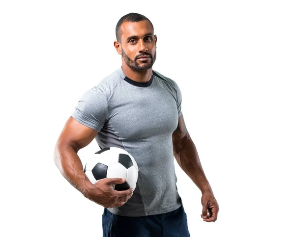 Forte Jogador Futebol Com Bola Futebol Fundo Branco Isolado — Fotografia de Stock