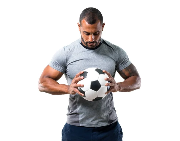 Forte Jogador Futebol Com Bola Futebol Fundo Branco Isolado — Fotografia de Stock