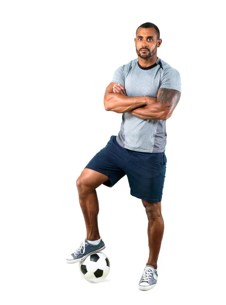 Forte Jogador Futebol Com Braços Cruzados Fundo Branco Isolado — Fotografia de Stock